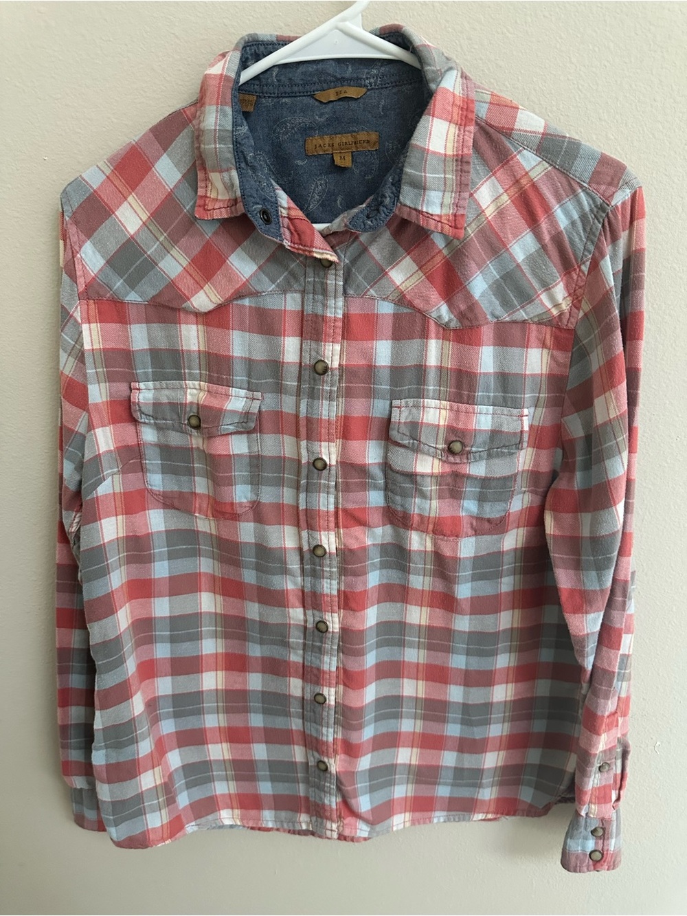 JACHS Girlfriend Bea Flannel Shirt Women’s M Pink/Coral Plaid Western Pearl Snap